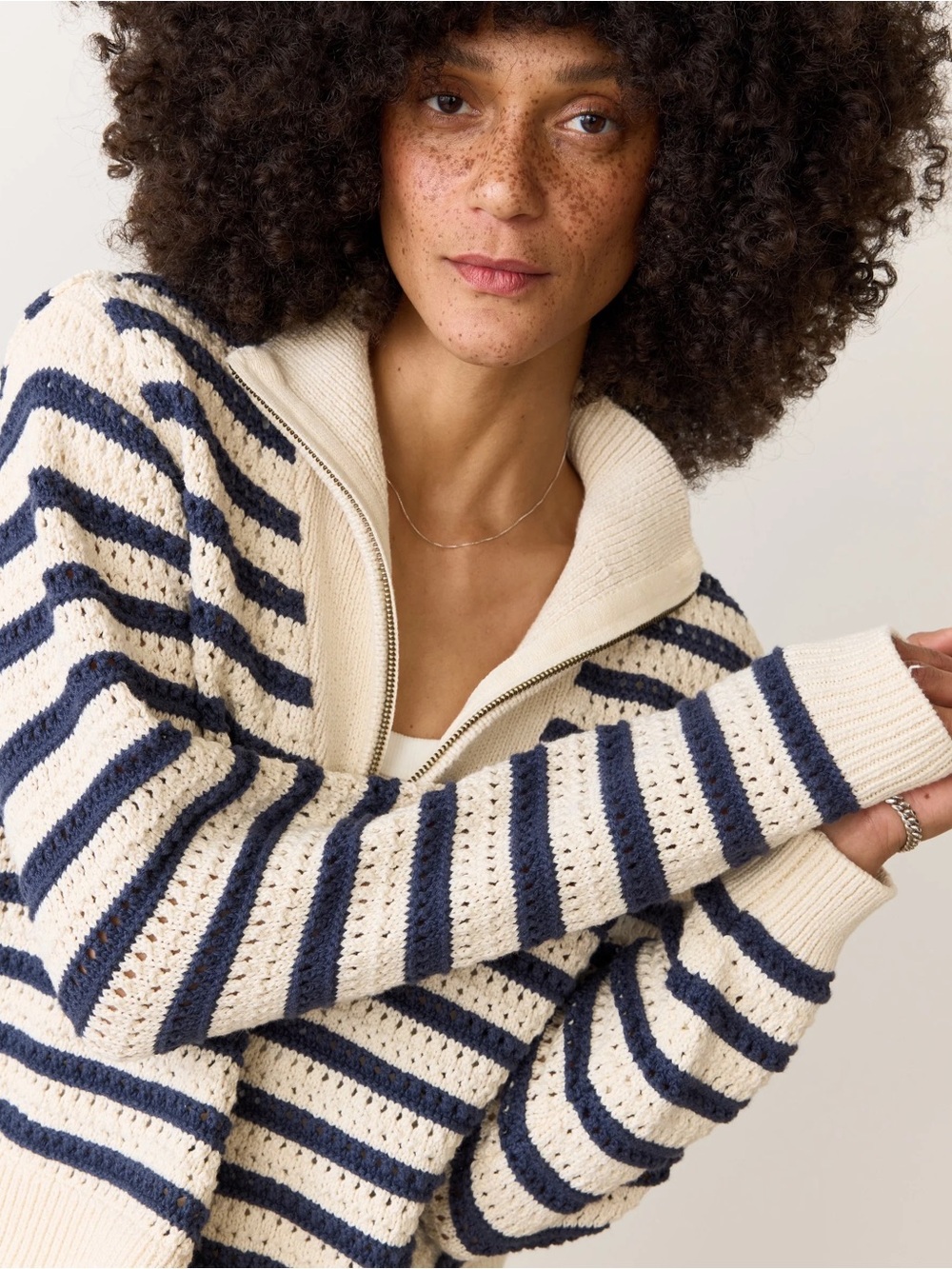 Marine Layer Cream & Navy Striped Half-Zip Sweater